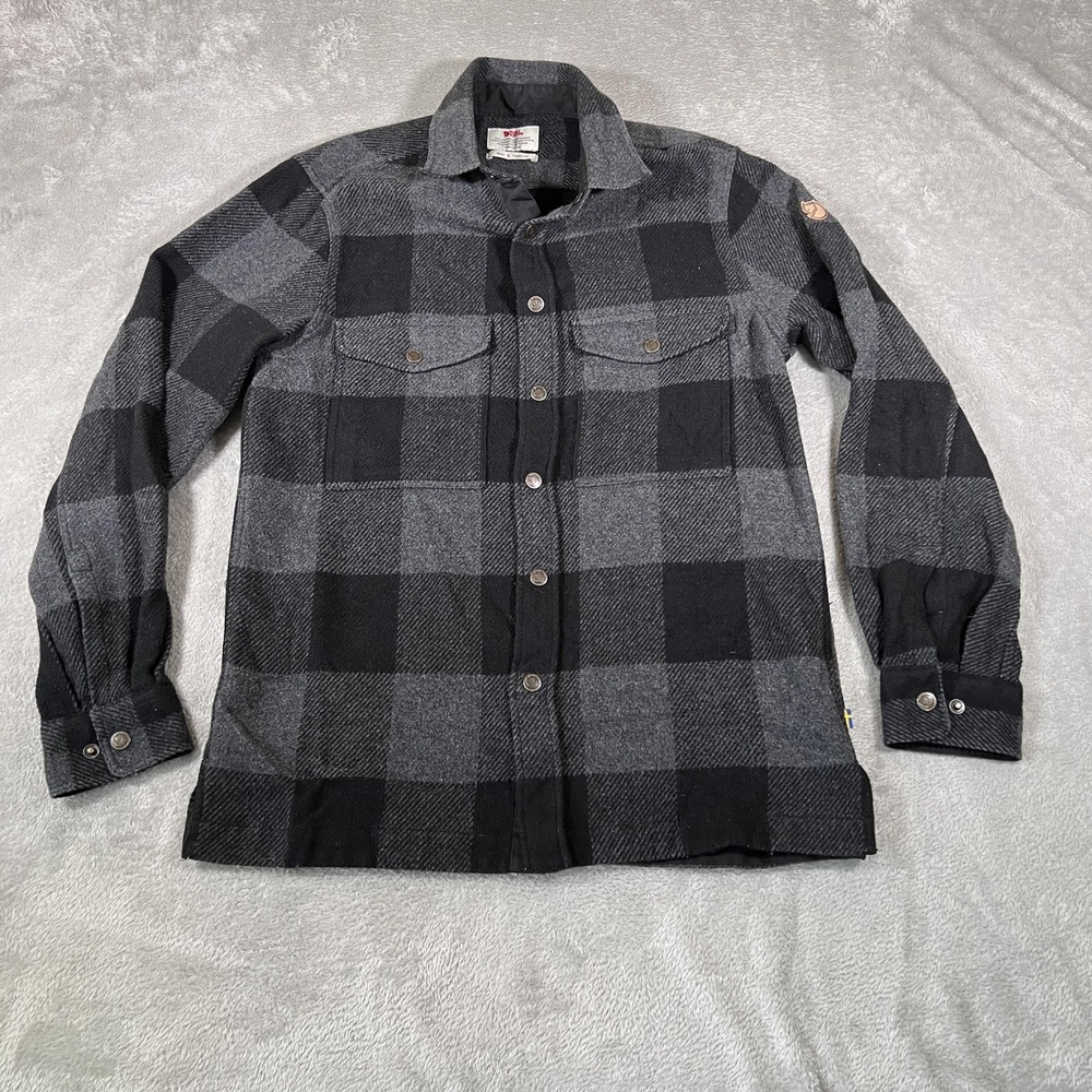 Fjallraven Canada Shirt Mens Small Gray Black Plaid Wool Blend Overshirt Outdoor